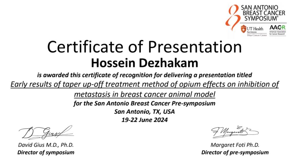Mr. Hossein Dezhakam's new article on effects of OT on inhibition of metastasis in breast cancer