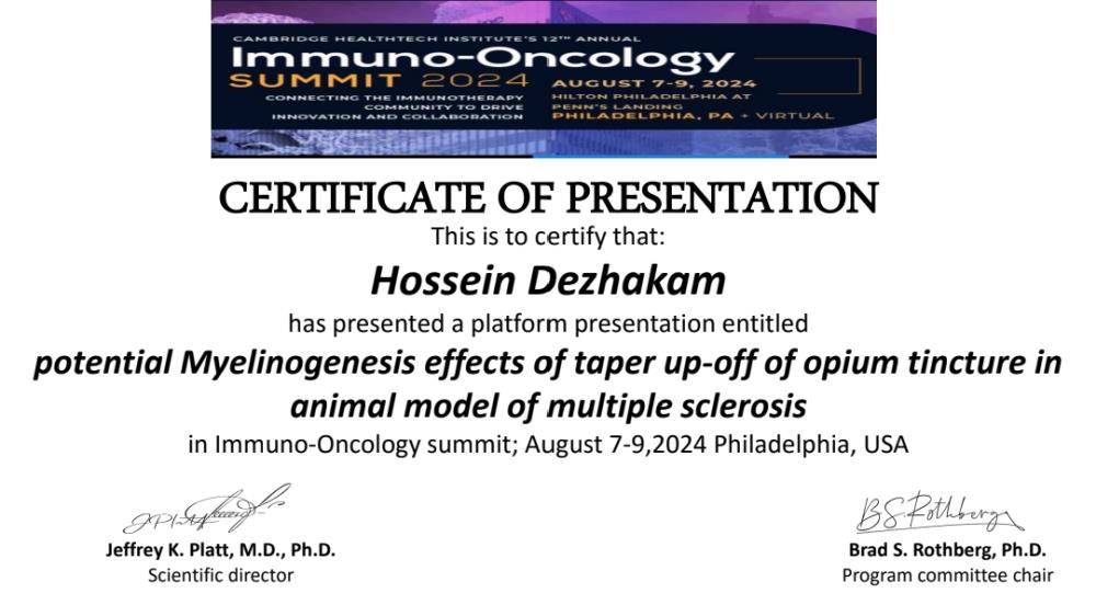 Mr. Dezhakam’s New Article on the Effects of Opium Tincture on Multiple Sclerosis in Immuno-Oncology Summit 