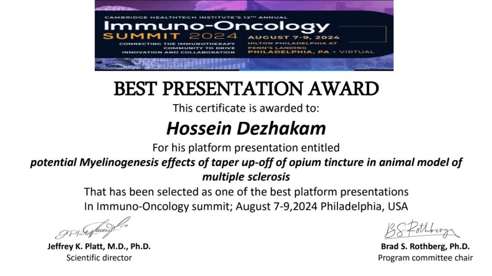 Certificate of Best Presentation Award for the New article by Mr. Hossein Dezhakam  