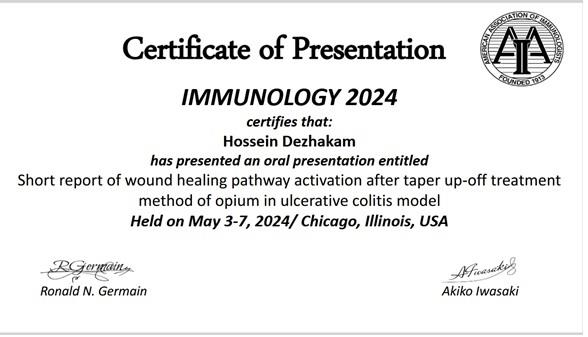 Mr. Hossein Dezhakam’s Certificate of Presentation in Immunology symposium, 2024, Illinois, USA