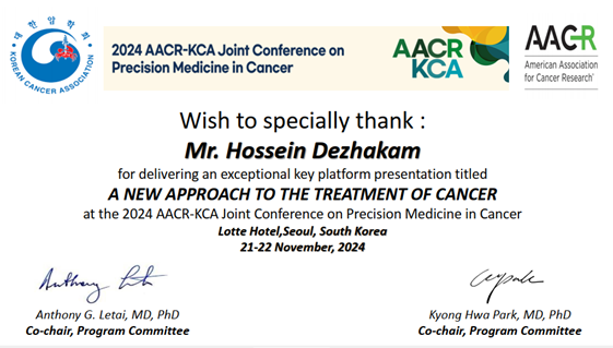 Delivery of Mr. Hossein Dezhakam's Latest Article in AACR-KCA Joint Conference on Precision Medicine